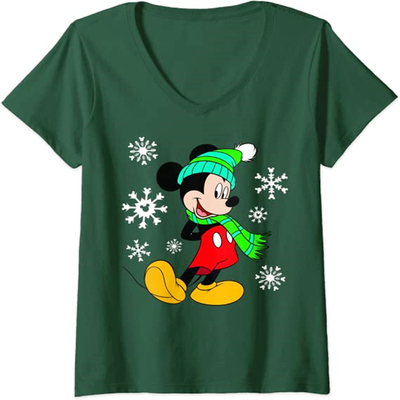 Womens Xmas Disney Mickey Mouse Holiday Snowflakes Portrait Christmas Free Shipping V-Neck New Year T-Shirt 